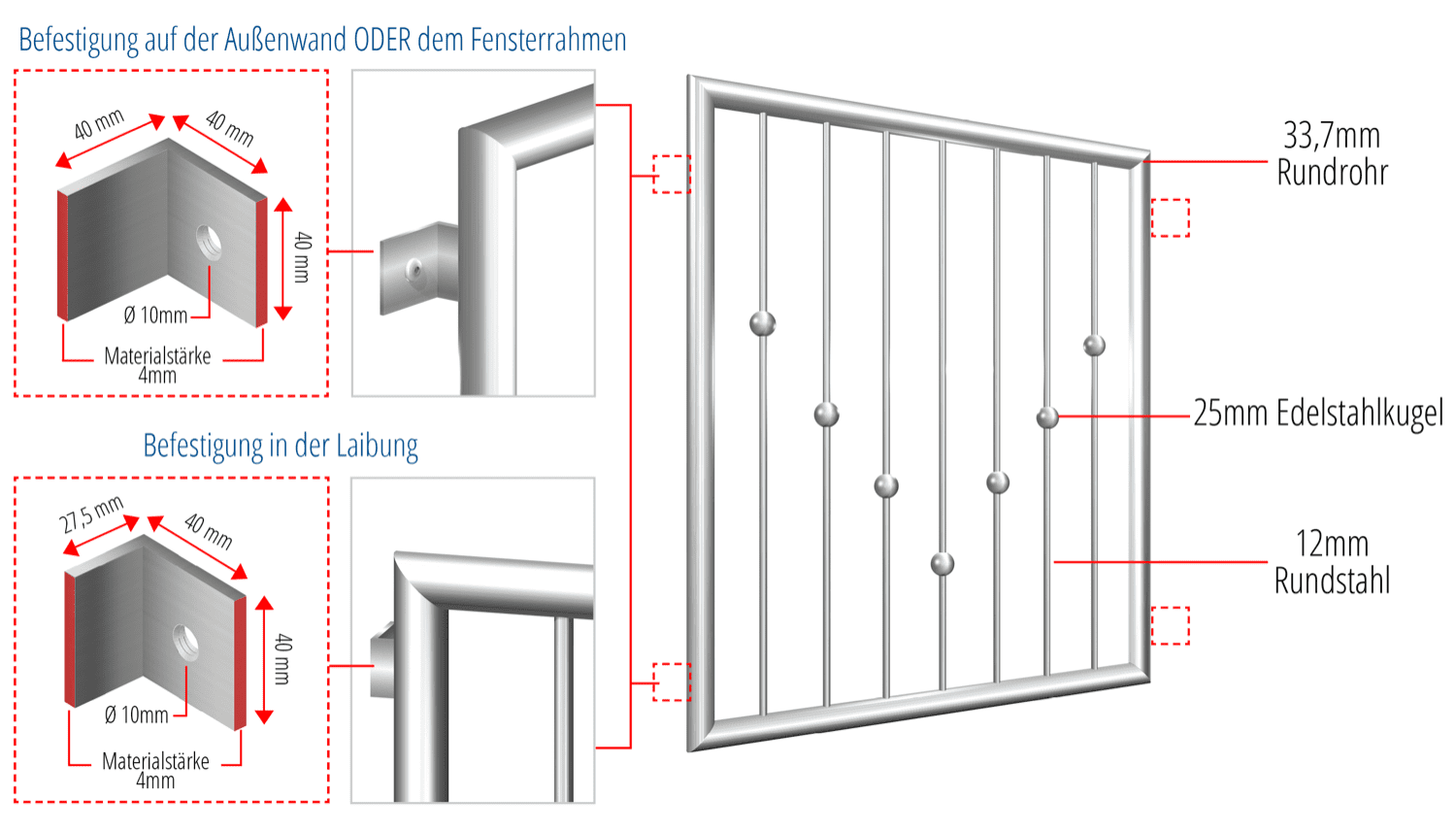 Grille de défense pour fenêtres en acier inoxydable avec boules en V 