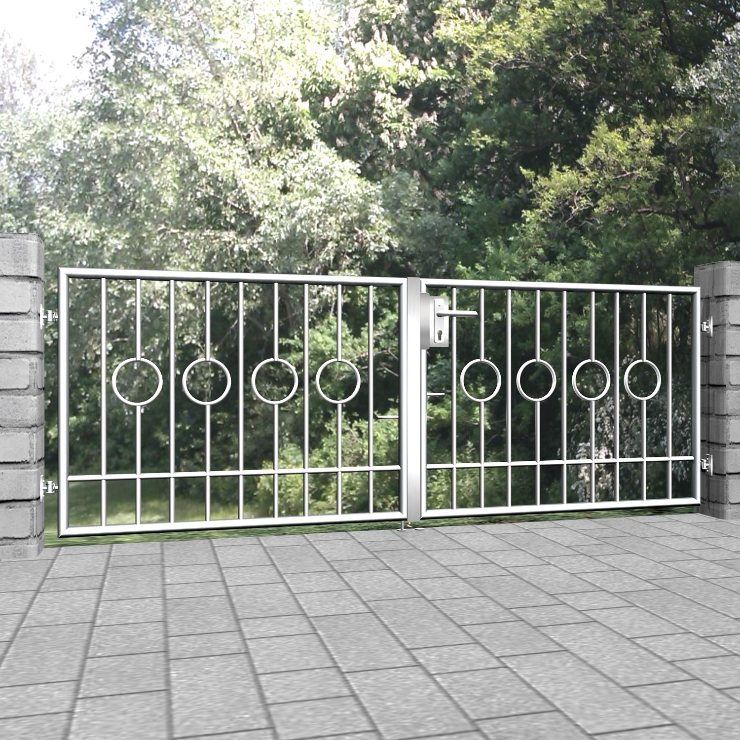 Barrière de jardin en acier inoxydable à 2 battants, barre circulaire 2 centres, GE
