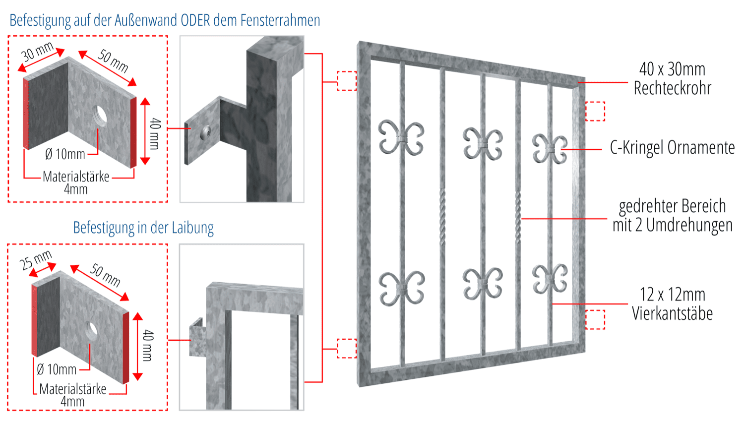 Grille de défense pour fenêtres en acier galvanisé Baroque 