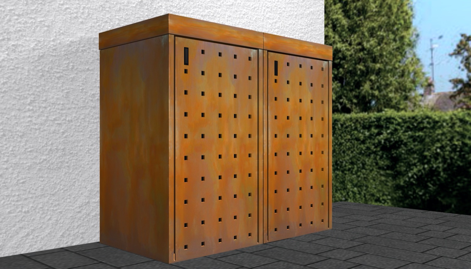 Cache-poubelle en acier Corten, 2 bacs