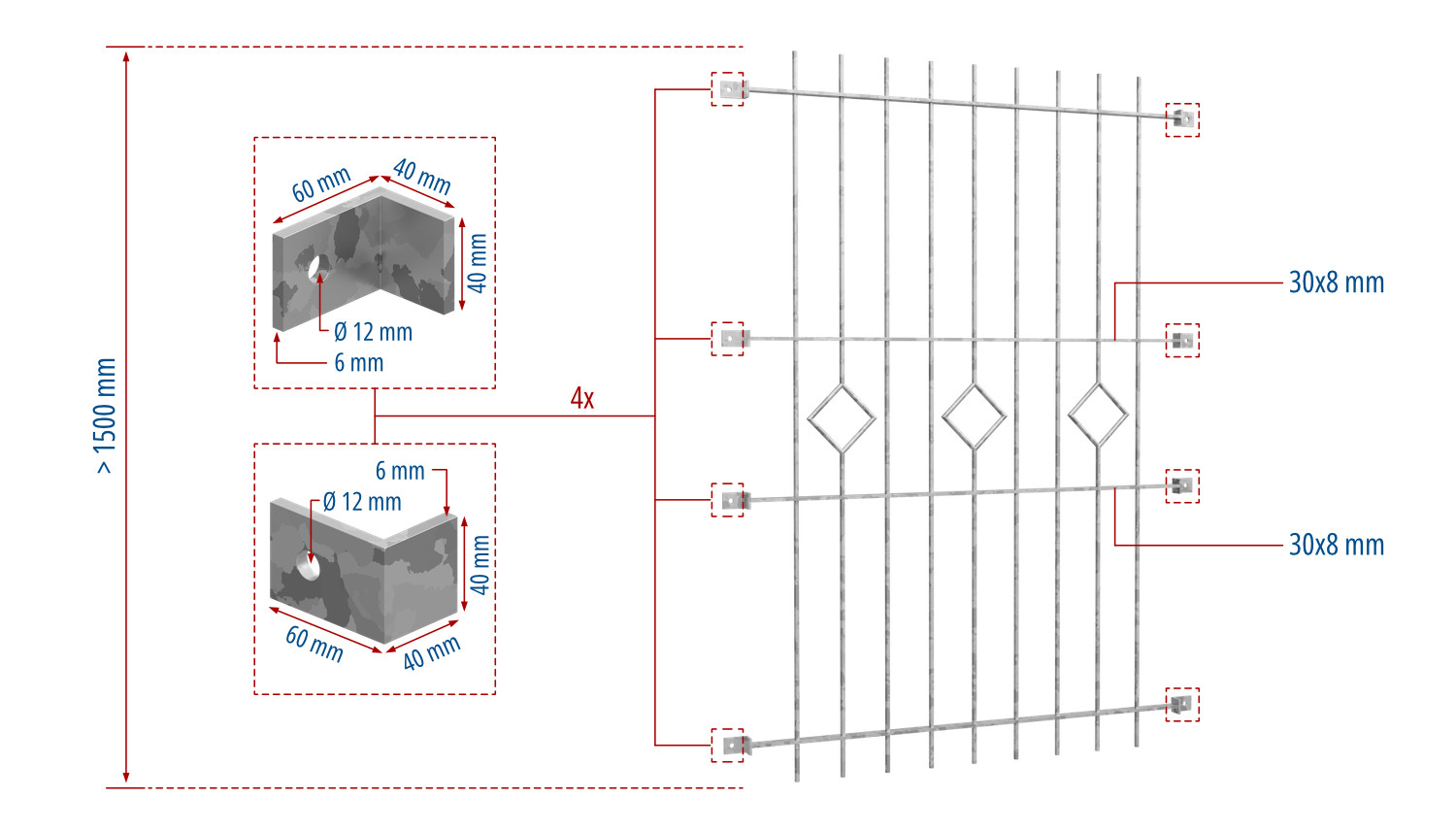 Grille de défense pour fenêtres en acier galvanisé carreau barre