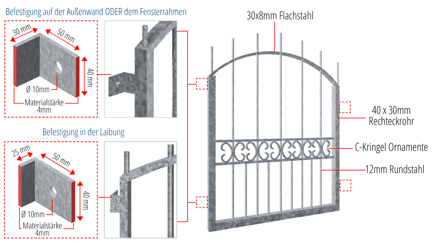 Grille de défense pour fenêtres en acier galvanisé Arc supérieur Bordeaux 