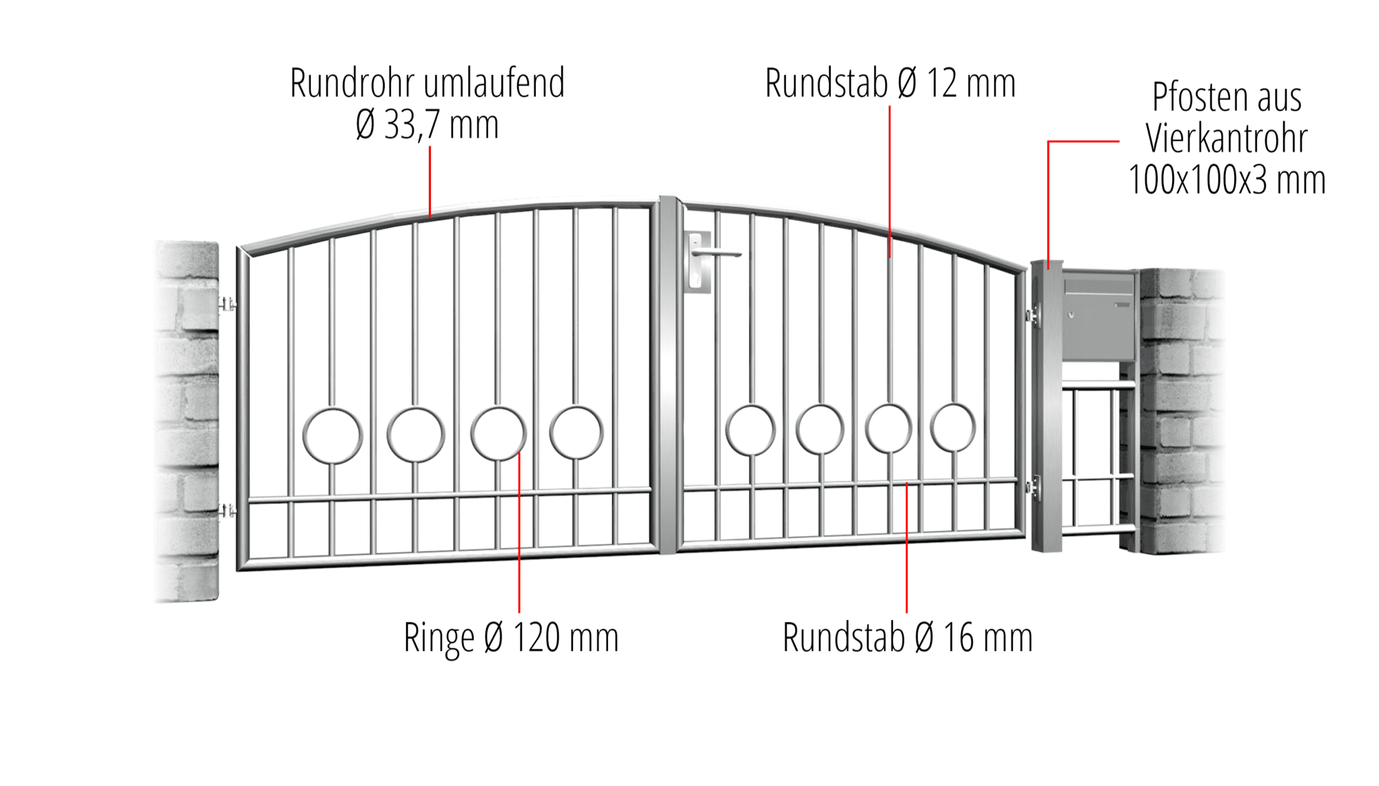 Portail de jardin à 2 battants en acier inoxydable cercle barre 2 bas, OB, BK