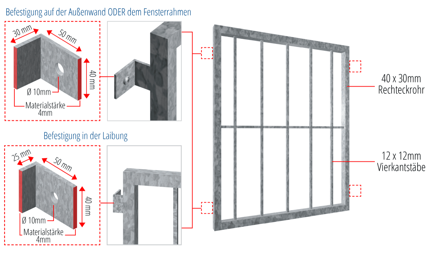 Grille de défense pour fenêtres en acier galvanisé barre verticale 