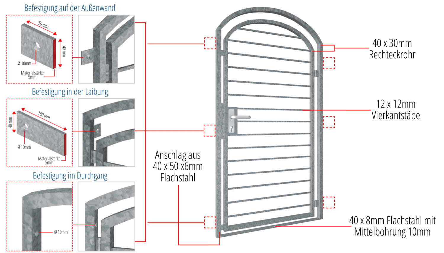 Porte grillagée en acier galvanisé Barre transversale Arc supérieur