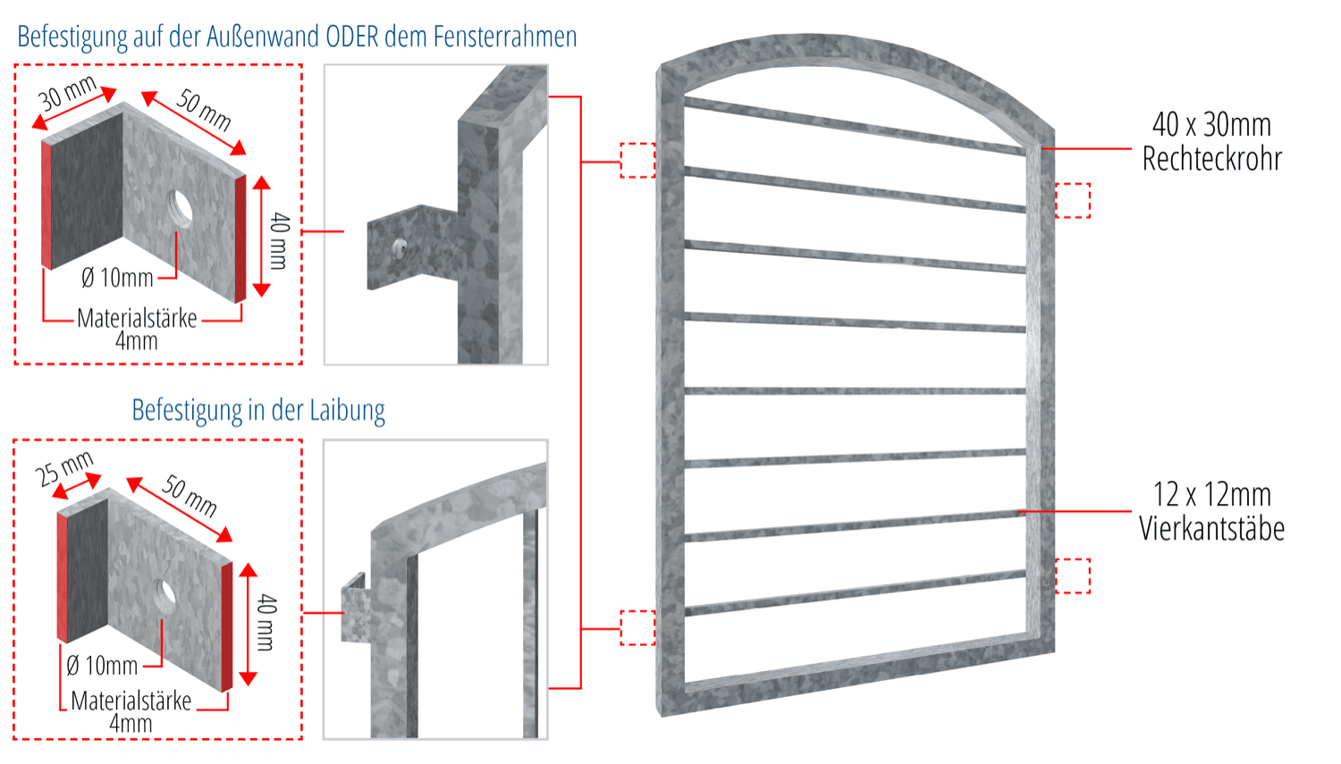 Grille de défense pour fenêtres en acier galvanisé Barre transversale Arc supérieur 