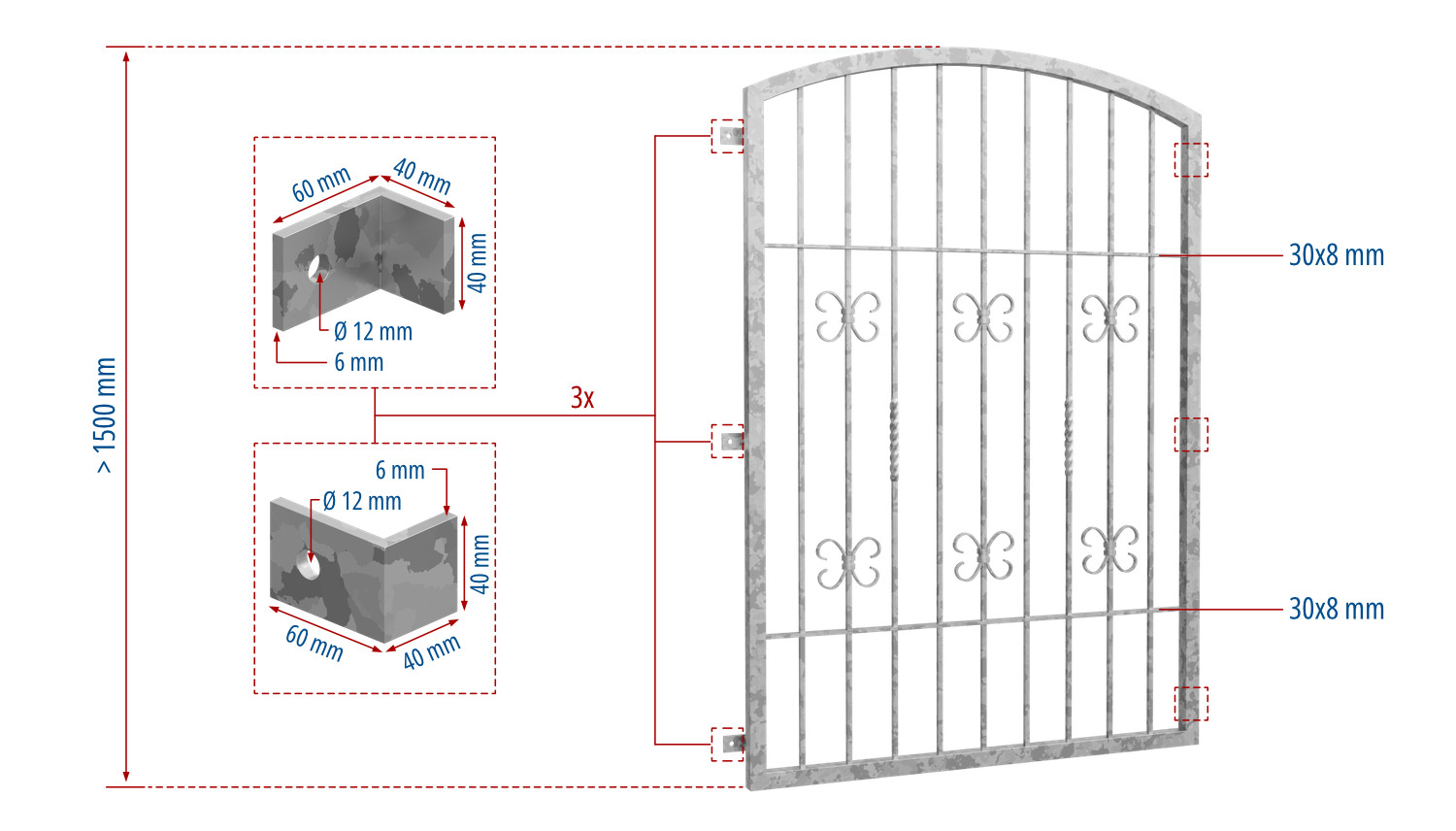 Grille de défense pour fenêtres en acier galvanisé Arc supérieur baroque 