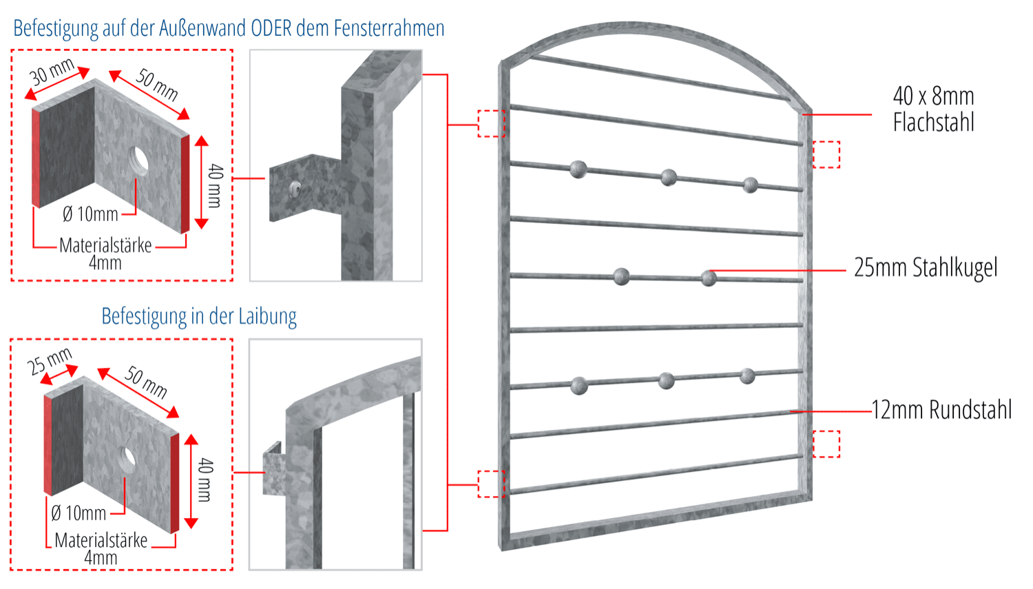 Grille de défense pour fenêtres en acier galvanisé Barre transversale Boule Arc supérieur 